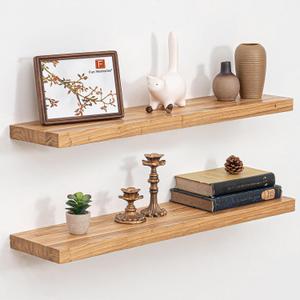 Fun Memories Floating Shelves for Wall Set of 2, Rustic Solid Elm Wood Wall Shelves 32 Inch - Invisible Bracket Mount for Living Room, Bathroom, Bedroom, Kitchen, Natural