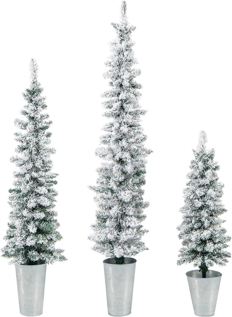 Goplus Set of 3 Artificial Snow Flocked Christmas Tree, 3' 4' 5' Slim Pencil Xmas Tree with Silver Metal Buckets, Faux Potted Christmas Trees for Front Porch Entrance Indoor Holiday Office Home Decor