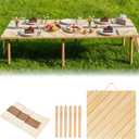 60" x 30" Folding Picnic Table with Boho Table Runner Wooden Low Table Portable for Indoor Outdoor Use Ideal for Camping Beach Weddings Garden Parties (Herringbone)
