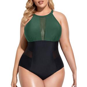 Daci Plus Size One Piece Swimsuit for Women - High Neck Plunge Mesh Cut Out Bathing Suits 24W