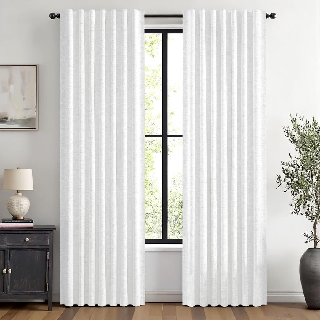 MIULEE 100% Blackout Linen Curtains 42 x 84 Inch Bright White 2 Panels | Thermal Insulated, Room Darkening Drapes for Bedroom Living Room, Back Tab Rod Pocket Pinch Pleated, Solid Luxury Decor
