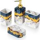 4 Piece Bathroom Accessories Set - Blue Bathroom Accessory Sets Includes Lotion Dispenser, Toothbrush Holder Tumbler, and Soap Dish - Glossy Finish (Marble, Blue)