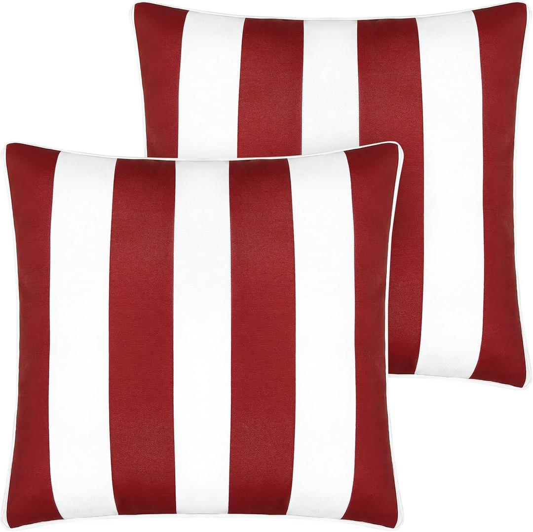 Pack of 2 Outdoor Throw Pillows 18x18 Inch, Water-Repellent & Fade Resistant Patio Pillows with Inserts, All Weather Decor for Patio Furniture Garden Couch Poolside, Red White