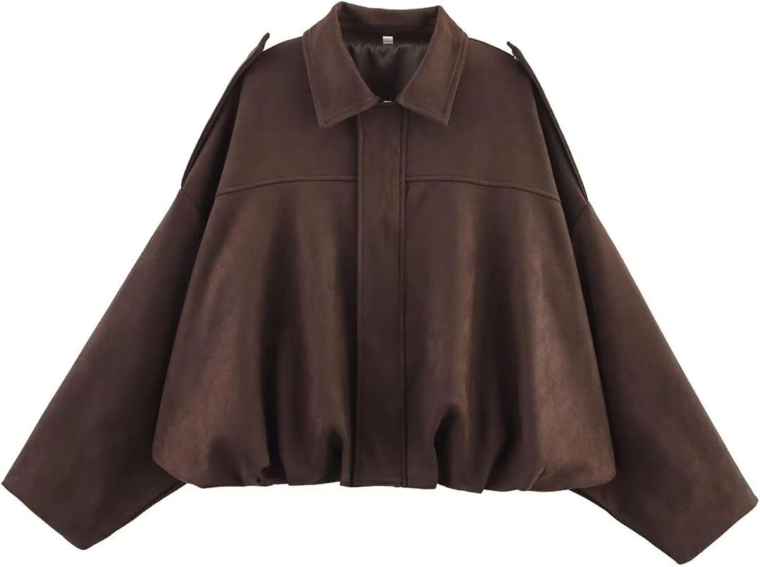 Xunger Women's Faux Suede Bomber Jacket Spring Lapel Pilot Coat Casual Oversized Long Sleeves Trendy Streetwear Outerwear (Coffee, Small)