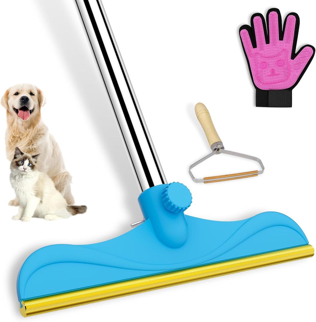 3 in 1 Carpet Rake Kit for Pet Hair Removal Tool - 45 Adjustable Long Handle Pet Hair Remover, Reusable Carpet Scraper Dog Cat Deep Hair Cleaner Remover Tool for Rugs, Mats, Couch, Furniture (Blue)