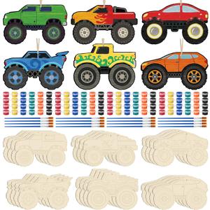 Weysat 24 Sets Color Your Own Wooden Race Car Craft Kit Truck Wooden Coloring Crafts with Coloring Paint and Hemp Rope Game Handmade Gifts for Theme Activities DIY Decoration