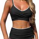ZAFUL High Waisted Bikini Sets for Women Twist Front Ruched Color Block Two Piece Swimsuits Tummy Control Bathing Suit,  Small