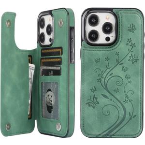 Vaburs Compatible with iPhone 15 Pro Max Case Wallet with Card Holder,Embossed Butterfly Pattern PU Leather Double Buttons Flip Protective Shockproof Cover for Magnetic Car Mount 6.7 Inch (Dark Green)