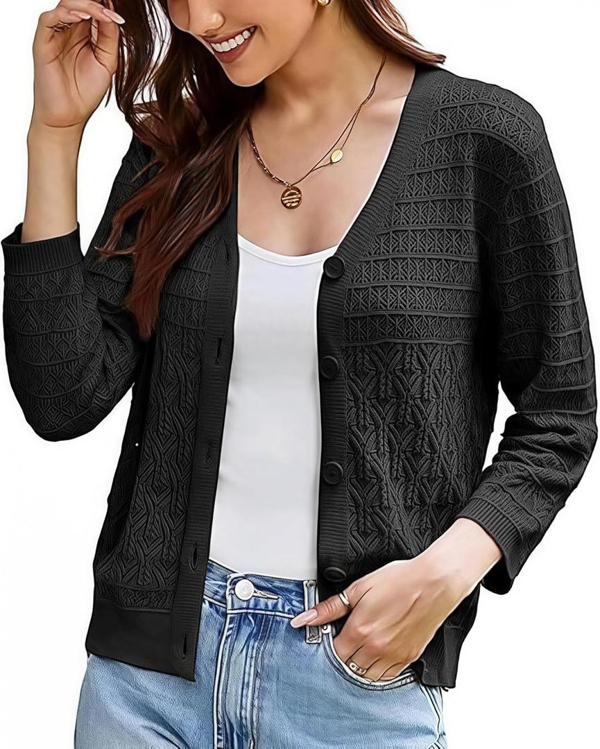 GRACE KARIN Women Lightweigt Cardigan, 2026 Spring 3/ 4 Sleeve Crochet Sweaters, Summer Cropped Knit Trendy Shrug Tops Black L