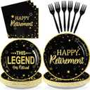 Grencian 96 Pcs Retirement Party Plates Black and Gold Happy Retirement Party Supplies Disposable Black and Golden Retired Tableware Set for Women Men Retiring Party Favors Serves 24