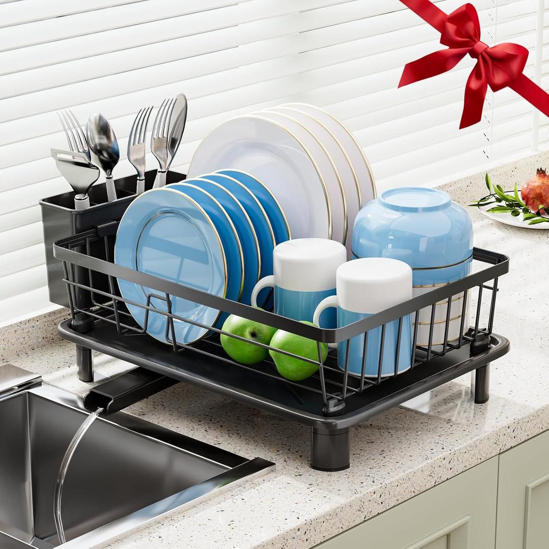 Dish Drying Rack, Stainless Steel Space-Saving Dish Rack, Dish Racks for Kitchen Counter, Kitchen Dish Drainers with Removable Utensil Holder,New Drain Outlet,Plate Rack and Drainboard, Black (1 Tier-black)