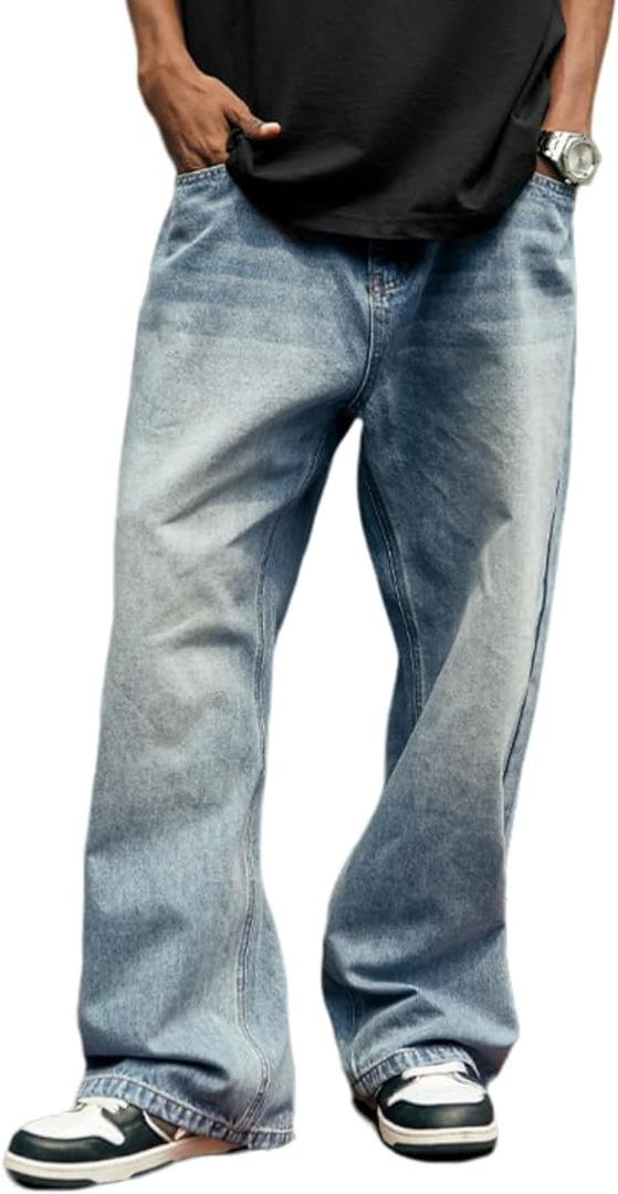 Mens Baggy Jeans Y2k Skater Vintage Plain Pants Casual Wide Leg Loose Fit Denim Hip Hop Jean (Small, 1-bl)