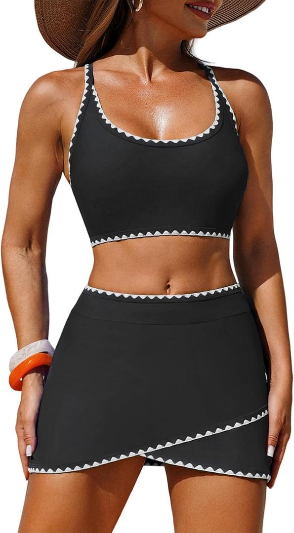 ZAFUL Women Color Block Bikini Set with Wrap Skort Cute Two Piece Swimsuit Bath Suit Summer Beach Swimwear Trendy Outfit, XL
