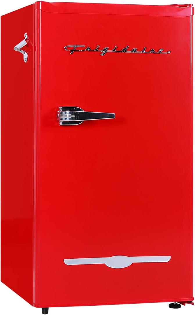 Frigidaire Retro Compact Fridge with Chiller, 3.2 cu ft Countertop Fridge with Built-In Bottle Opener, Compact Refrigerator for Office, Bedroom, Dorm Room or Cabin - 16.5"D x 19"W x 31"H (Red)