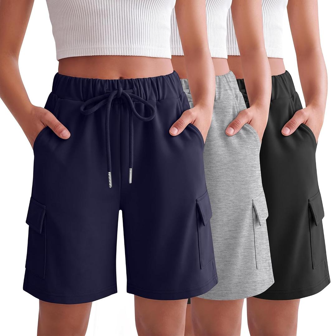 3 Pack Girls' Cargo Bermuda Shorts | Knee Length Sweatshorts, Loose, Summer, Athletic, Baggy, Elastic Waist, Daily, Hiking, Running, School, 4 pockets, 5-14 Years