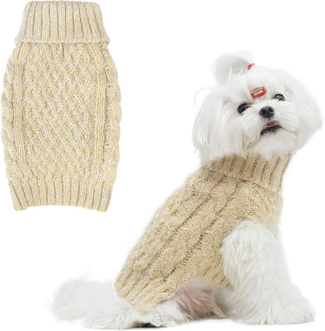 Turtleneck Small Dog Sweaters - Classic Cable Knitwear Winter Coat for Small Medium Dogs Male Female Puppy Dog Cold Weather Clothes Girls Boys, Cream, (Small, BACK 12", CHEST 16")