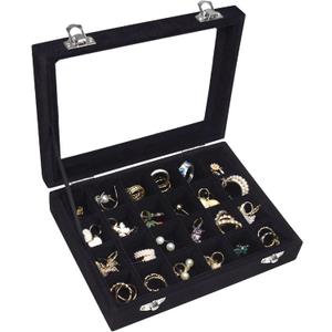 Vicoter Velvet Jewelry Box 24 Grid Jewelry Ring Display Organiser Box Tray Holder Earrings Storage Case for Girls Wife Mom Women (Black)