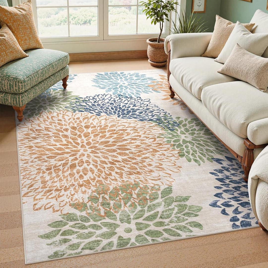 Dahlia Washable Area Rugs 5x7, Boho Floral Rug for Bedroom Dorm, Multicolored Soft Low Pile Living Room Rugs,Leaves Non Slip Throw Carpet for Classroom Nursery Office,Multi
