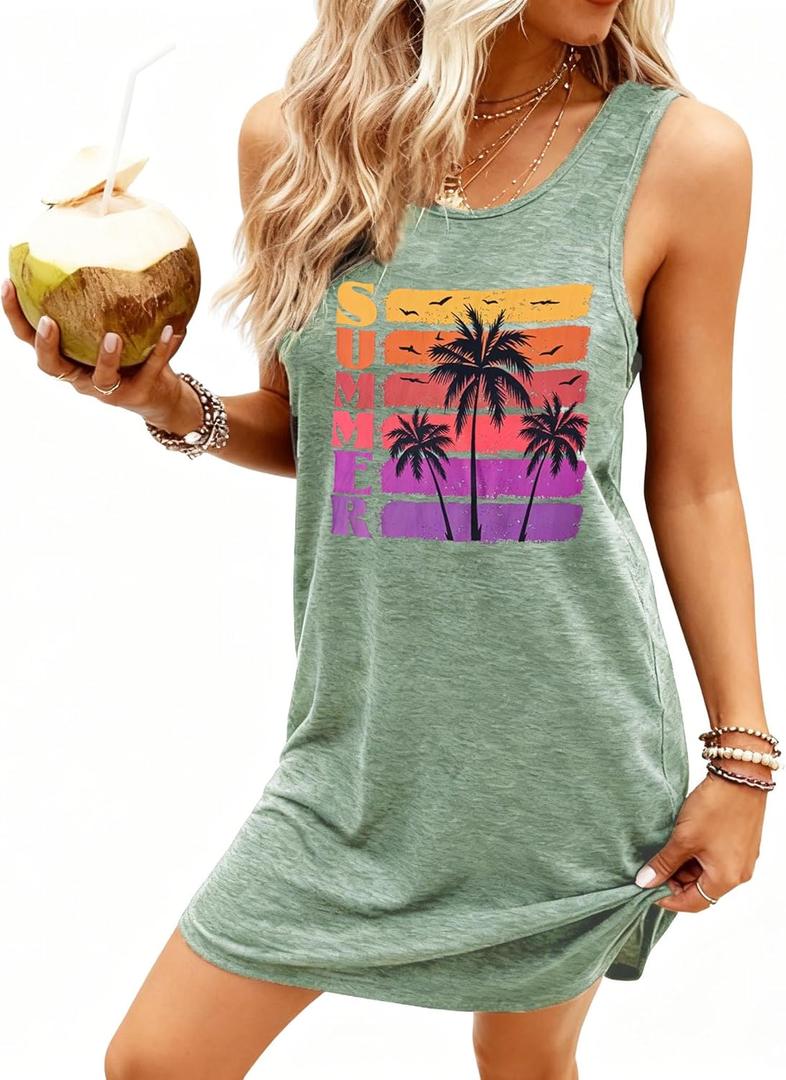 Summer Tank Dress for Women Casual Vacation Sundress Coconut Tree Graphic Beach Cover Up (Large, Light Green-m)