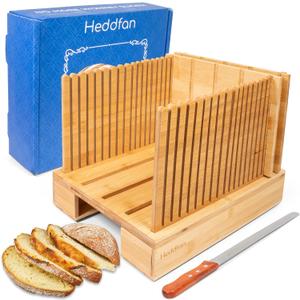 Bamboo Bread Slicer For Homemade Bread - Built-In Knife Slot, Crumb Catcher & Storage Compartment - Adjustable Extra Wide & High For Sourdough - Long 12” Knife Blade Included