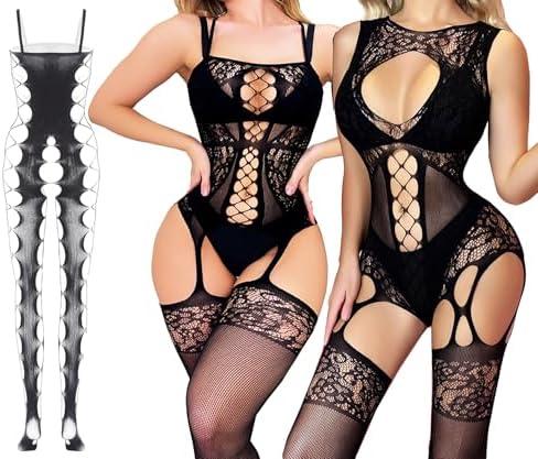 WINROLA Women's Mesh Lingerie Black Fishnet Baby Dolls Mini Dress Free Size Bodysuit See Through Shirts 3Pack