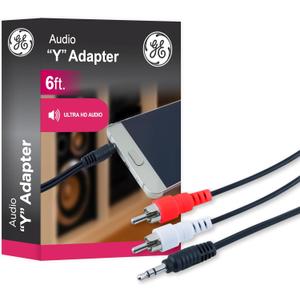 GE Audio Y Adapter Cable, 6 Feet, 3.5mm Male to RCA Male, Works with All Brands, Smart Phones, Stereo, Computer, Black, 33568