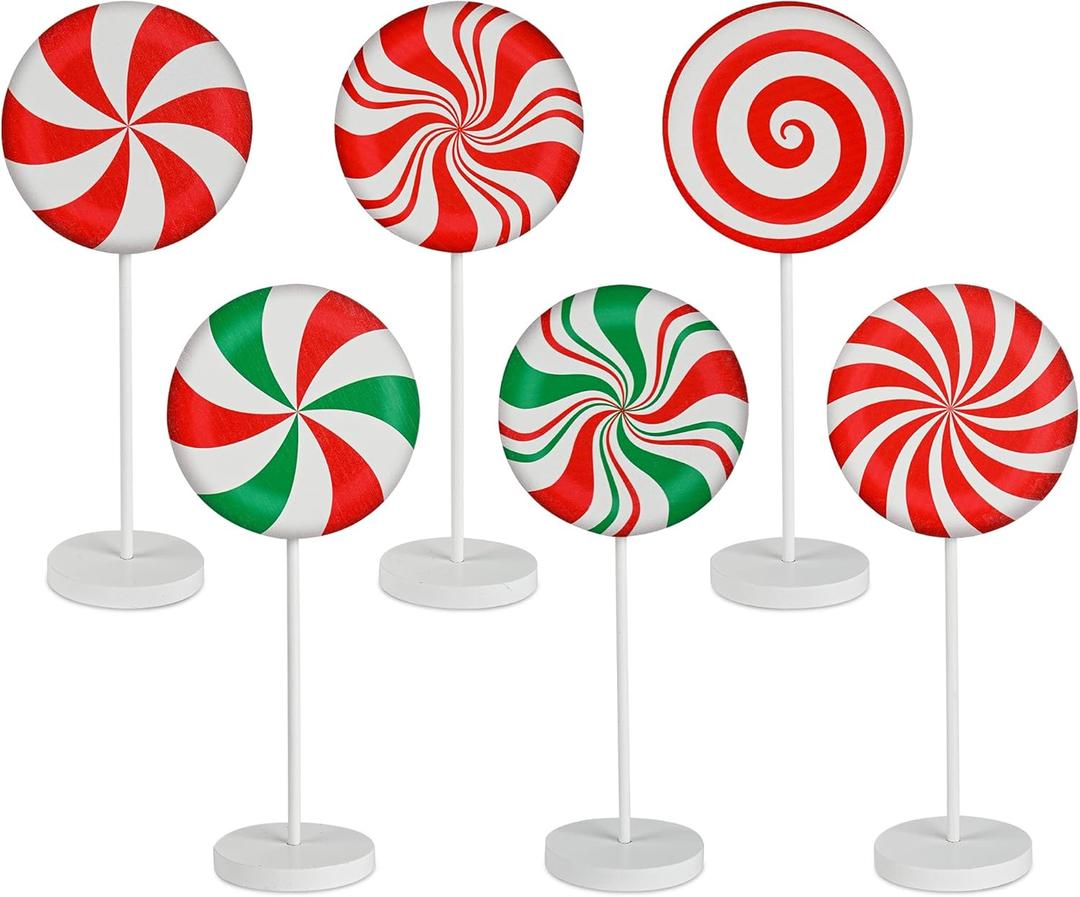 6 Pcs Wooden Christmas Peppermint Sign Holiday Red Green Candy Canes Wood Block Standing Topper Farmhouse Lollipop Table Centerpiece for Xmas Party Home Kitchen Tiered Tray Decor
