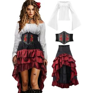 Verceco Pirate Costume Women Outfit with Renaissance Pirate Shirt Skirt Corset Waist Belt Women's Halloween Pirate Costumes (White+Red, L)