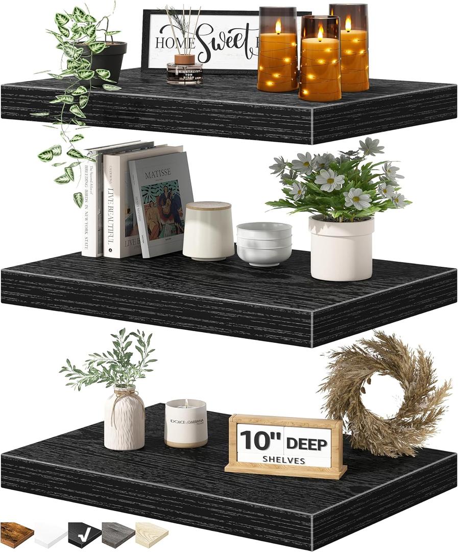 QEEIG 10" Deep Floating Shelves for Wall - 10 x 16 inch Book Shelf Bathroom Bedroom Kitchen Living Room Hanging Bookshelf Farmhouse Set of 3, Black (025-40B3)