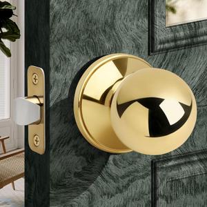 Moquin Round Ball Style Passage Door Knob, No Lock Interior Door Knob, Keyless Doorknob for Hall Closet Pantry, Polished Brass Finish (1 Pack)
