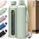 KIVY Glass Water Bottle with Silicone Sleeve 32 oz [WITH MEASUREMENT] - Borosilicate Glass Water Bottle Screw Top - Clear Bottles with Measurement Marking - Sage Green Waterbottle