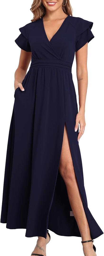 Formal Dress for Women V Neck Side Slit Short Sleeve Wedding Guest 2025 Cocktail Wrap Maxi Dresses with Pockets (XX-Large)