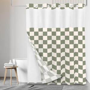 Tititex No Hooks Snap in Liner Beige Sage Green Checkerboard Shower Curtain Sets, Hotel Luxury Grid Double Layers Waterproof Fabric & See-Through Top Window Bathroom Decorative 72x72 Inch