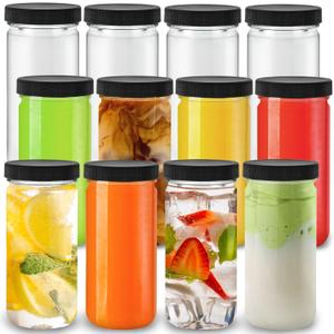 DilaBee 12-Pack 8oz Round Empty Glass Water Bottles - Glass Juice Bottles with Lids for Juicing, Smoothie, Milk & Kombucha - Juice Containers for Fridge, Smoothie Bottle, Clear Water Bottle BPA-Free