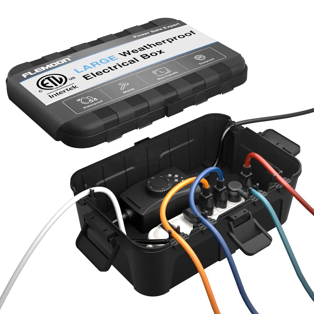 Flemoon Large Outdoor Electrical Box (12.5 x 8.5 x 5 inch), IP54 Waterproof Extension Cord Cover Weatherproof, Protect Outlet, Plug, Socket, Timer, Power Strip, Holiday Light Decoration, Black