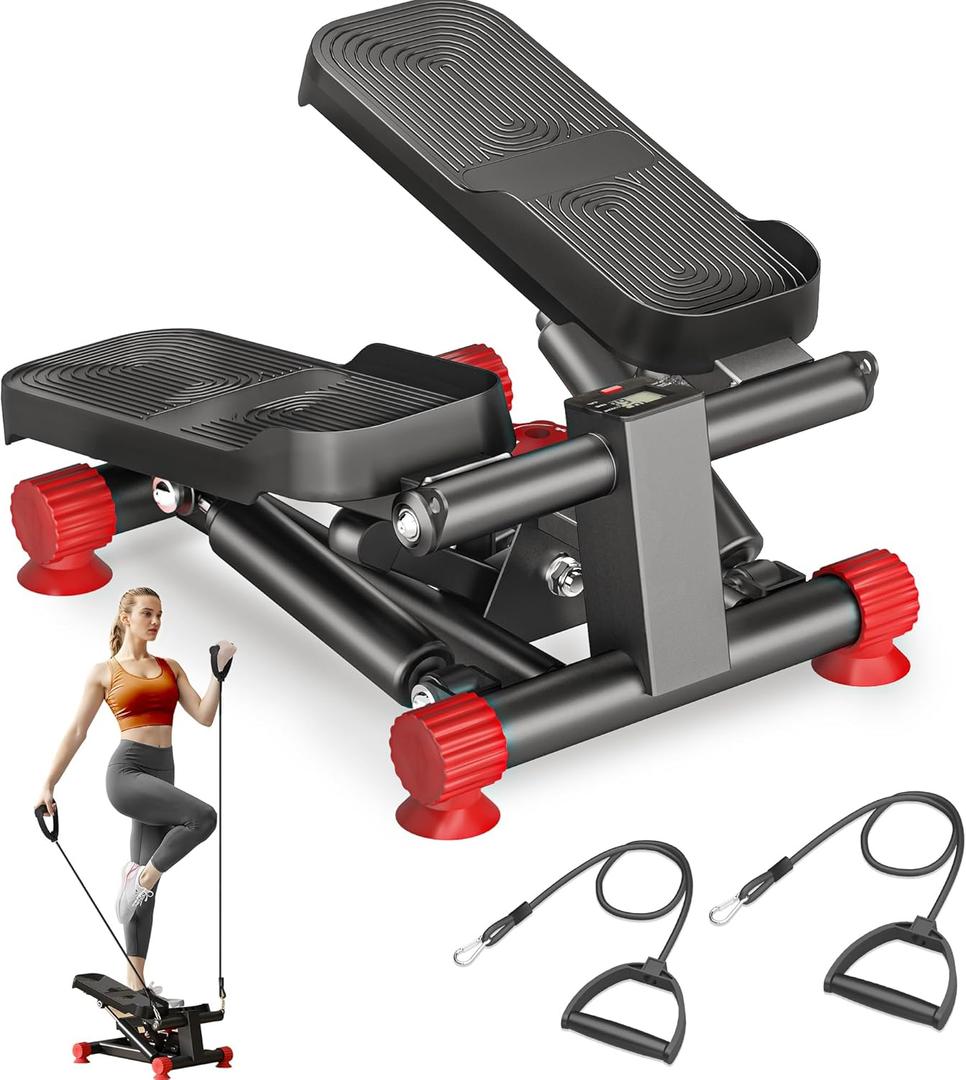 soges Steppers for Exercise at Home, Mini Stepper with Resistance Bands, Stair Stepper Machine with 300LBS Loading Capacity, Hydraulic Step Exercise Equipment with LCD Monitor, Red