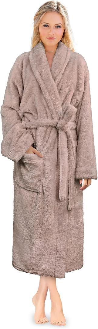 PAVILIA Premium Womens Plush Soft Robe Fluffy, Warm, Fleece Sherpa Shaggy Bathrobe (Small-Medium, Taupe)