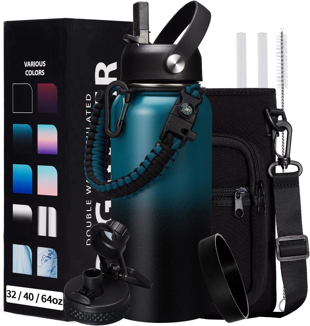 32/40/64/128 oz Insulated Water Bottle with straw & Spout Lids Keep Cold 48H Hot 24H, Large Water Flask Bottle with Shoulder Carrier Bag, Paracord Handle & Boot for Gym, Workout & Beach (Indigo Black Gradient)