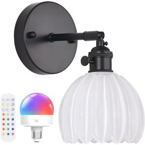 Shenmoyl Vintage Battery Operated Wall Sconce with White Tulip Glass Lampshade Rechargeable Battery Powered Black Wall Light with Remote Control for Bedside Bedroom Doorway