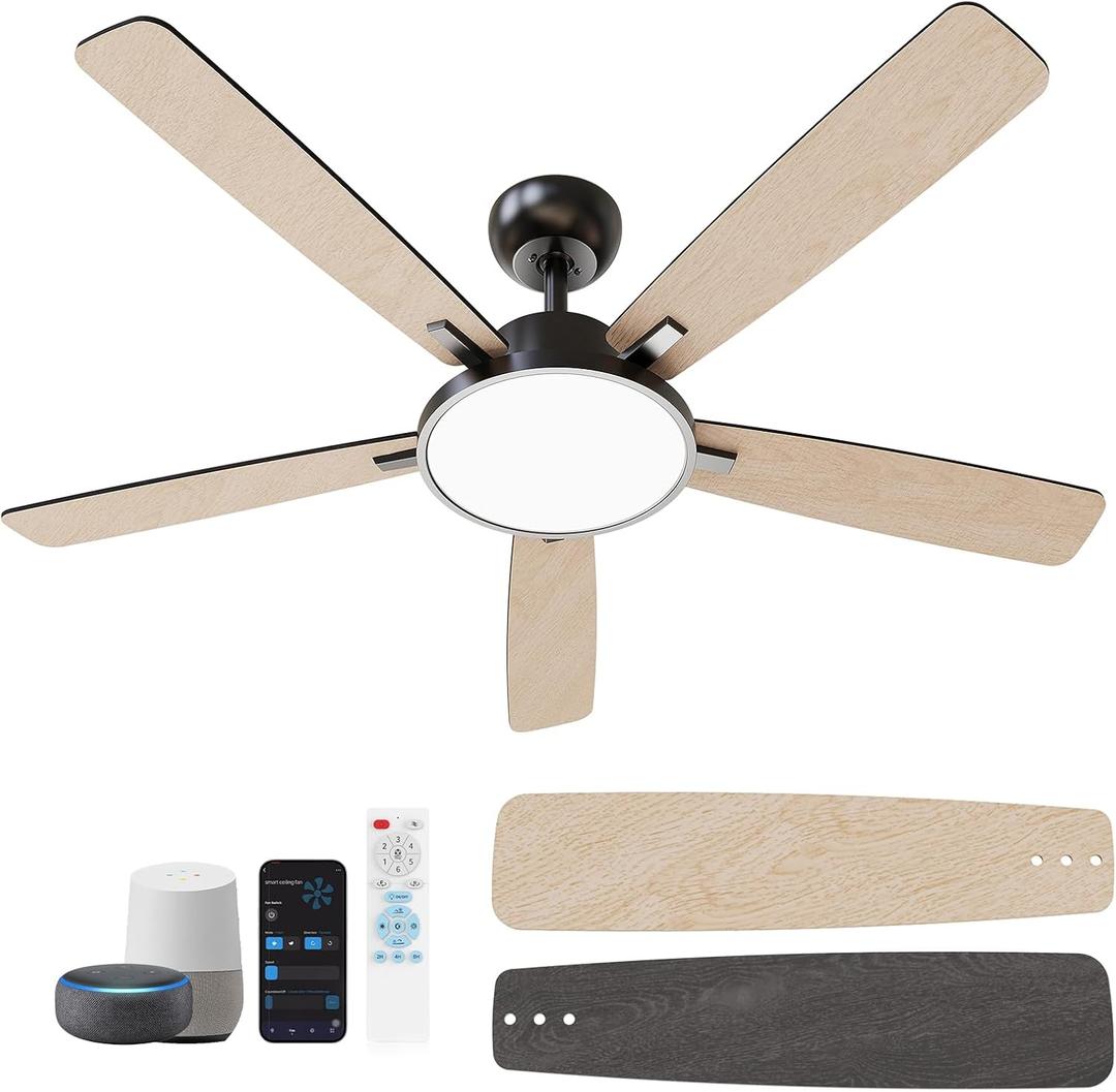 TALOYA 52 Inch Black Walnut Smart Ceiling Fans with Lights Led Remote Control Flush Mount Low Profile for Bedroom Living Dining Room Outdoor Patio,Reversible,DC Motor,3 Color Temperatures,5 Blades
