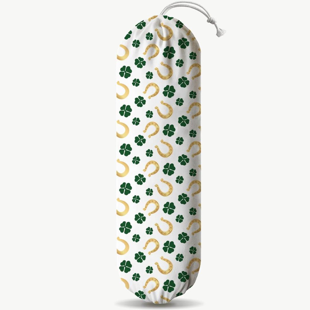 Wall Mount Plastic Bag Holder, Reusable Grocery Sack Organizer, Washable Cotton-Linen Storage, St. Patricks Day Lucky Clover & Horseshoe Pattern, Hanging Loop for Kitchen or Pantry