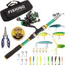 I00000 Fishing Rod and Reel Combos with Fiberglass Telescopic Fishing Pole - Spinning Reel Fishing Carrier Bag, Freshwater and Saltwater Fishing Rod Kit,Travel Fishing Kit for Bass Trout (Green)