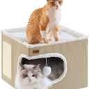Cat Bed for Indoor Cats Cube House, Covered Cat Cave Beds & Furniture with Scratch Pad and Hideaway Tent, Cute Modern Cat Condo for Multi Small Pet Large Kitten Kitty, Khaki (16.5"D x 16.5"W x 13"H)