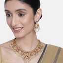 Aheli Beautiful Wedding Wear Indian Laxmi Goddess Faux Stone Studded Floral Design Crafted Necklace Earrings Set Ethnic Fashion Jewelry Gift for Women