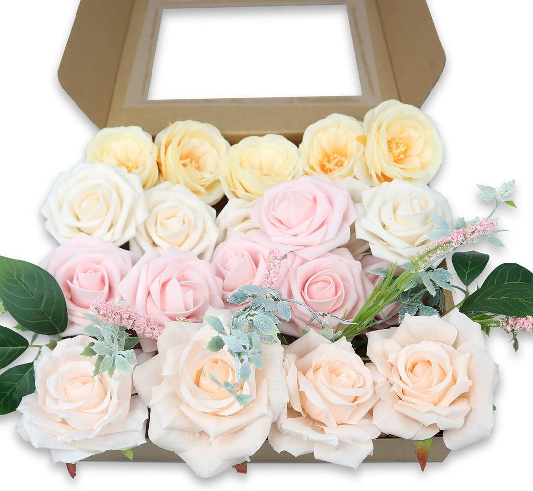Artificial Flowers Roses Mix Camellia Lavender Combo Faux Fake Flowers with Stems for Table Centerpieces Party Home Bridal Shower Decorations, 6 Yard Chiffon Ribbon for Wedding Bouquets (Blush Pink, Nude)