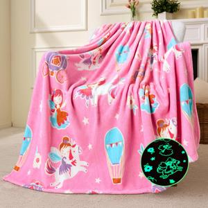 Joiedomi Glow in The Dark Blanket Unicorn Toys for Girls Age 2 3 4 5 6 7 8 9 10 11 12 Year Old Girl Gifts, Soft Cozy Flannel Kids Throw Blanket, Birthday Bedroom Decor 50"60"