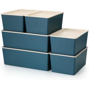 6 Pcs Large and Small Plastic Storage Bins with Lids 14.4 x 10.4 x 5.1 inch Stackable Storage Containers Durable Box Baskets for Organizing Shelves Playroom Classroom Office (Blue)