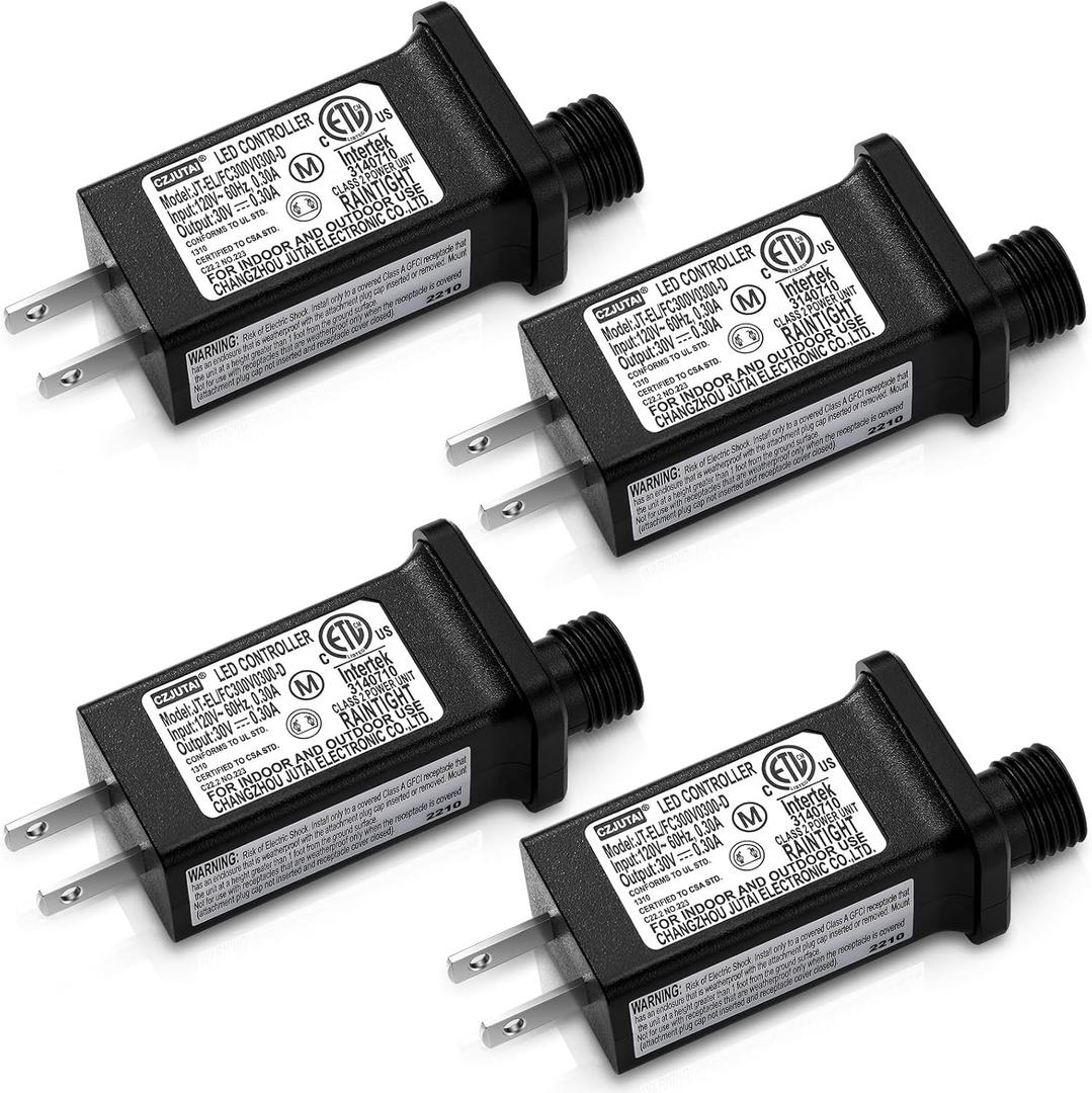 4 Pcs LED Transformer Replacement Class 2 Power Supply for Christmas String Light Inflatable Decorations LED Controller IP44 Waterproof Low Voltage Transformer US Power Adapter for Home (30V9W 0.3A)