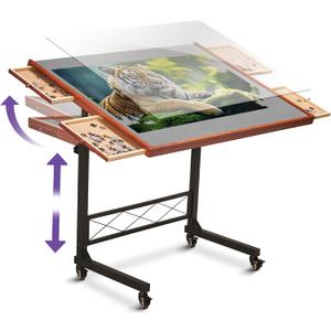 JoyBerri Jigsaw Puzzle Table/Rolling Desk - 1500 Piece Puzzle Board/Portable Jigsaw Tables with Drawers and Legs - Height Adjustable for Adults and Kids