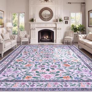 Collive 8x10 Area Rugs for Living Room, Large Purple Floral Rug Machine Washable, Boho Soft Low Pile Non Slip Indoor Carpet for Girls Bedroom Kids Playroom Nursery Dining Room